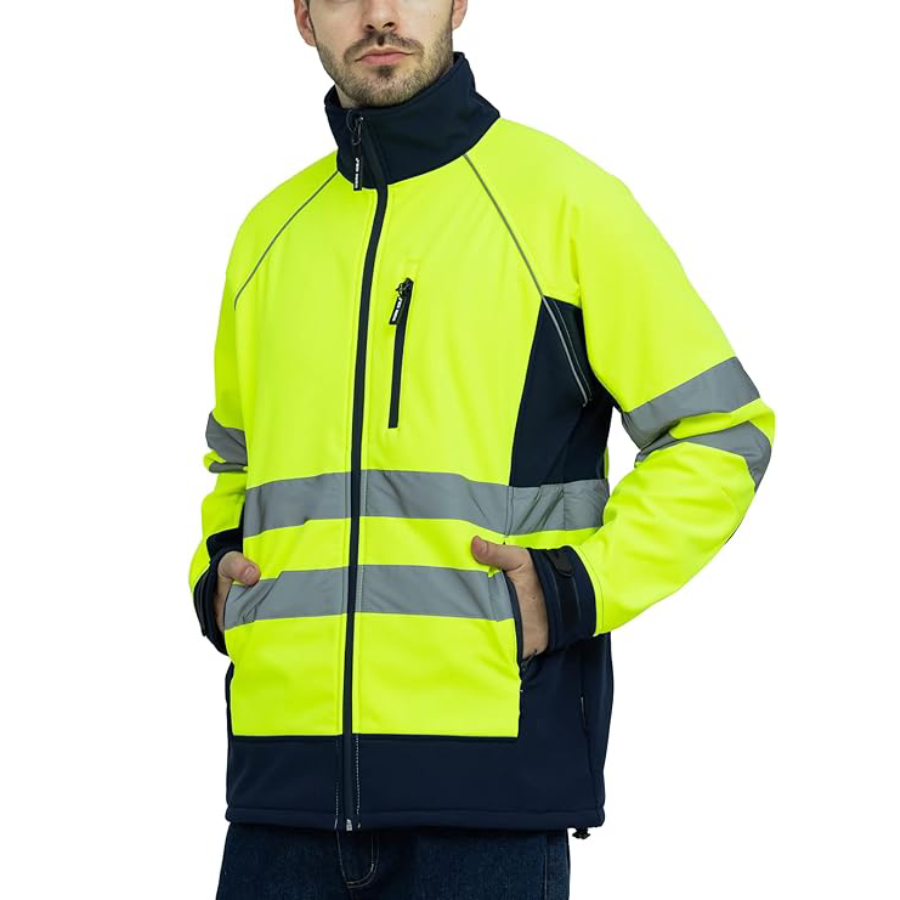 WORK IDEA Men's Safety Jacket High Visibility Reflective Softshell Jacket Hi-Vis Waterproof and Windbreaker with Fleece Lined