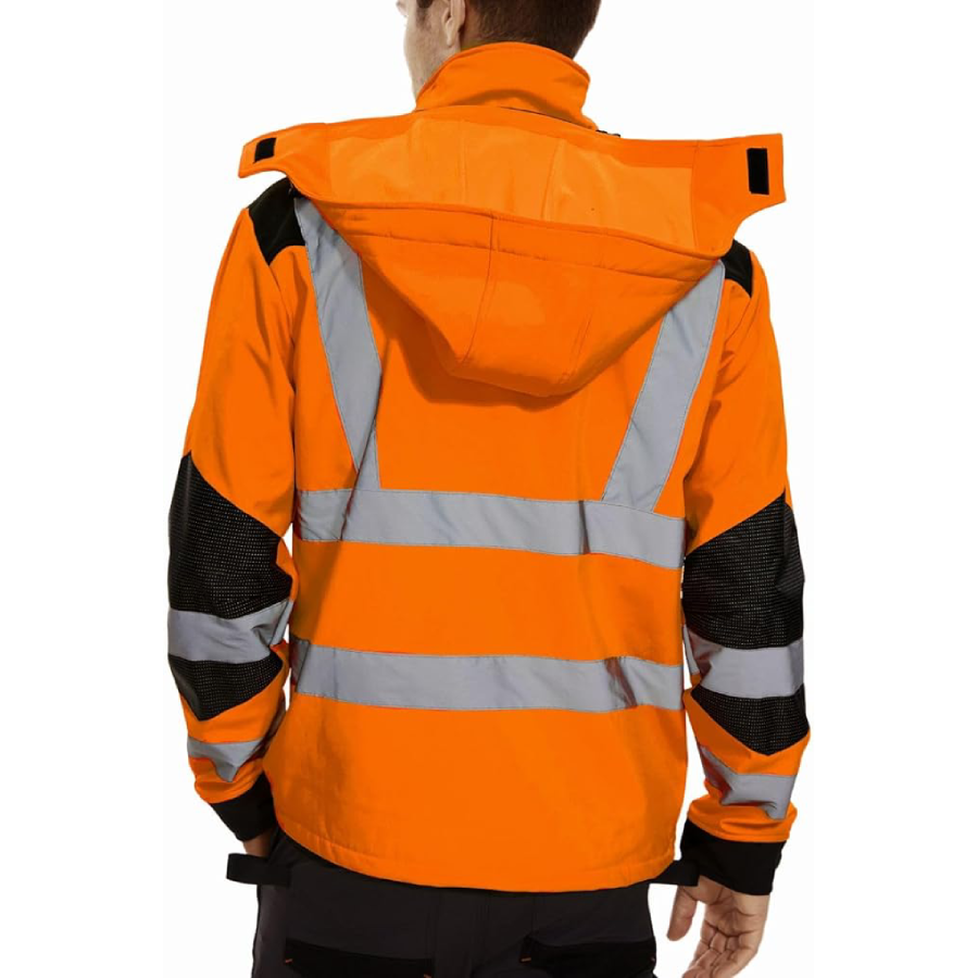 WORK IDEA Men's Reflective Jacket Softshell High Visibility Jacket Fleece Lined Hi-Vis Waterproof Hoodie Winter
