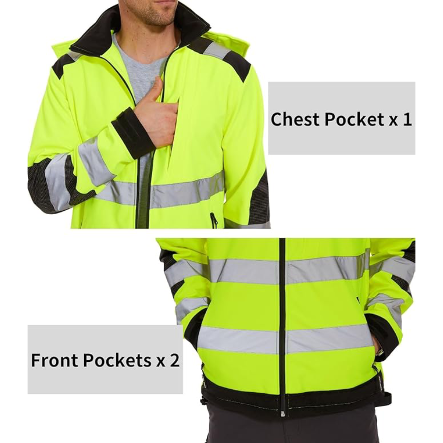 WORK IDEA Men's Reflective Jacket Softshell High Visibility Jacket Fleece Lined Hi-Vis Waterproof Hoodie Winter