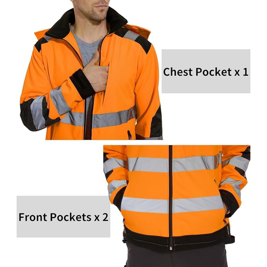 WORK IDEA Men's Reflective Jacket Softshell High Visibility Jacket Fleece Lined Hi-Vis Waterproof Hoodie Winter