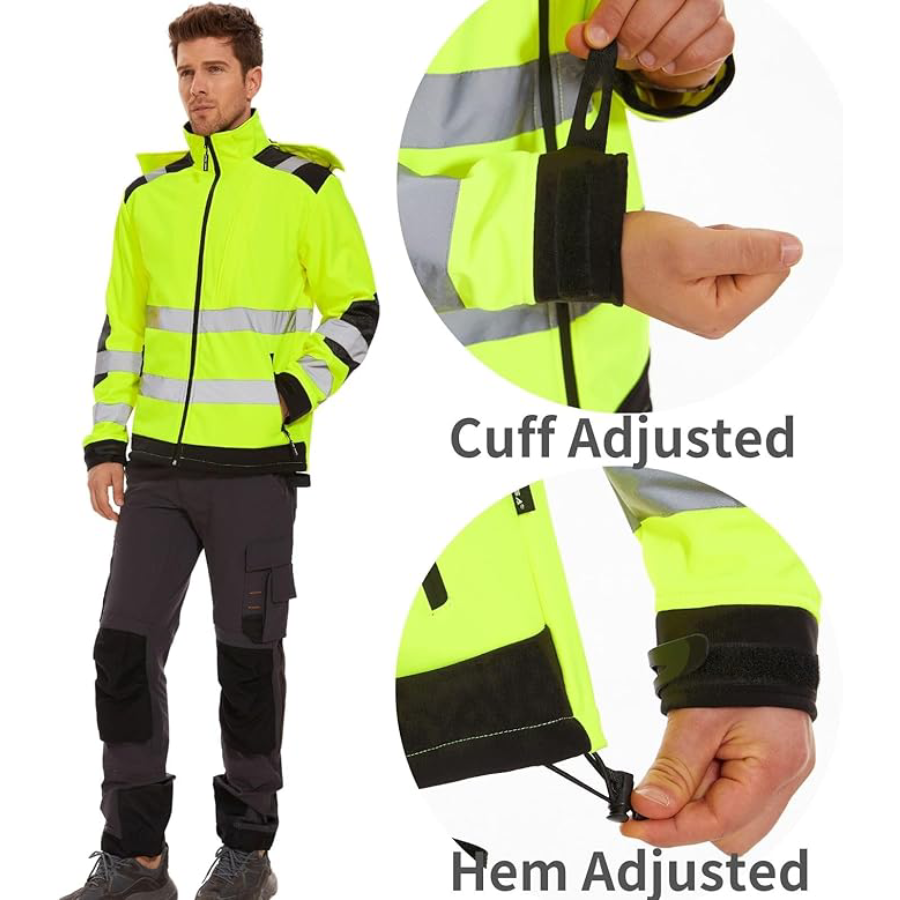 WORK IDEA Men's Reflective Jacket Softshell High Visibility Jacket Fleece Lined Hi-Vis Waterproof Hoodie Winter