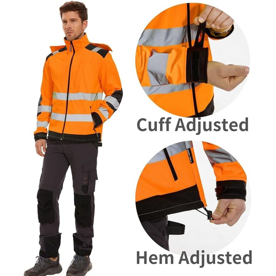 WORK IDEA Men's Reflective Jacket Softshell High Visibility Jacket Fleece Lined Hi-Vis Waterproof Hoodie Winter
