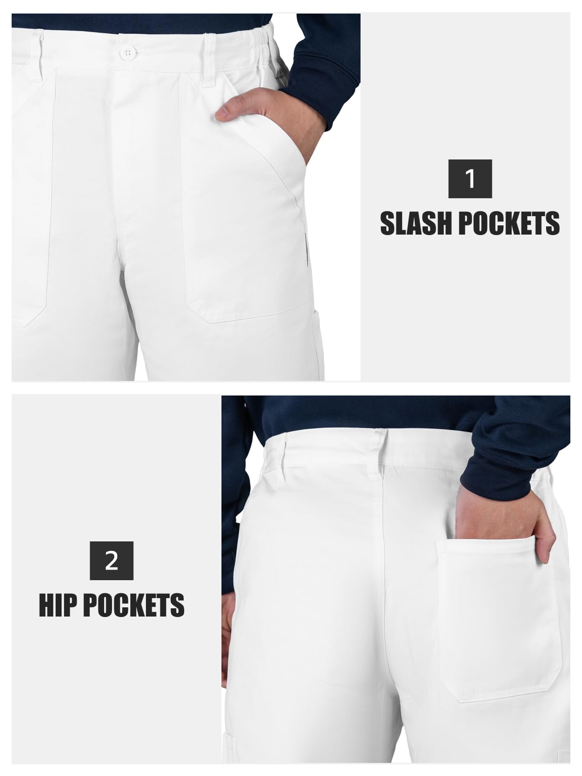 WORK IDEA Men's Cotton Painter Pants - White Relaxed Fit Chinos, Straight Leg Casual Trousers with Patch Pockets