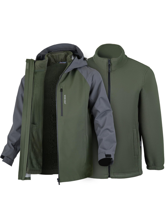 WORK IDEA Men's 3-in-1 Waterproof Breathable Windproof Jacket with Hood and Fleece Inner Jacket - Functional Jacket for Hiking, Cycling, Camping and Outdoor Activities