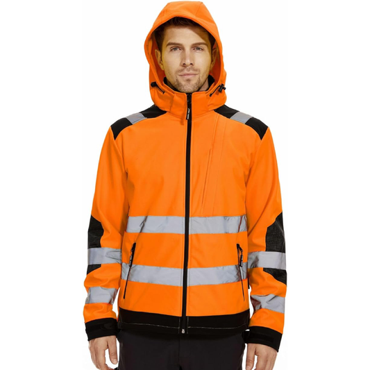 WORK IDEA Men's Reflective Jacket Softshell High Visibility Jacket Fleece Lined Hi-Vis Waterproof Hoodie Winter