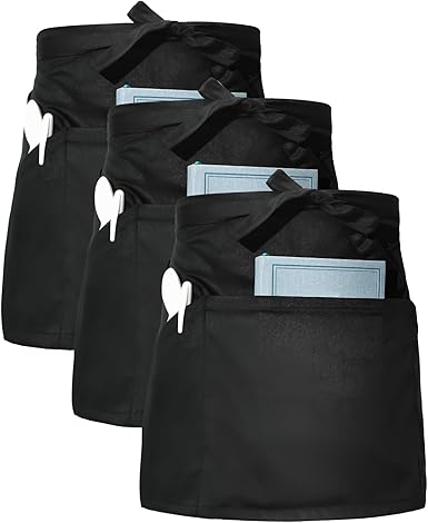 WORK IDEA Set of 3 apron with 3 pockets, front tie apron, waiter's apron, bistro apron, cooking apron, baking apron for restaurant, bar