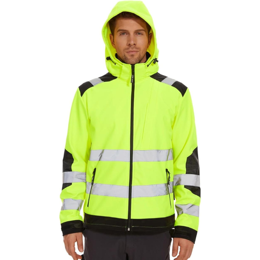 WORK IDEA Men's Reflective Jacket Softshell High Visibility Jacket Fleece Lined Hi-Vis Waterproof Hoodie Winter