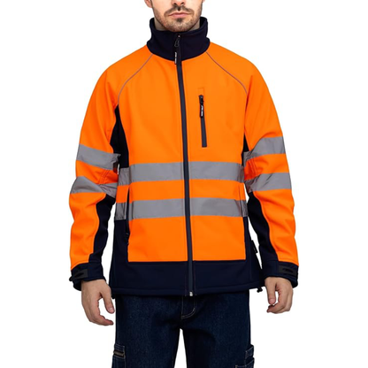 WORK IDEA Men's Safety Jacket High Visibility Reflective Softshell Jacket Hi-Vis Waterproof and Windbreaker with Fleece Lined