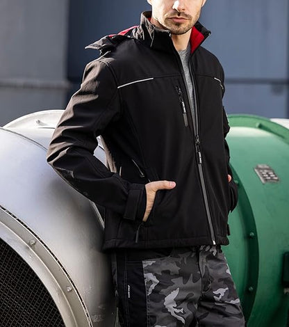 WORK IDEA Softshell Jacket Men's Waterproof Breathable with Removable Hoodie, Cycling Jacket, Rain Jacket, Work Jacket, Outdoor Hiking
