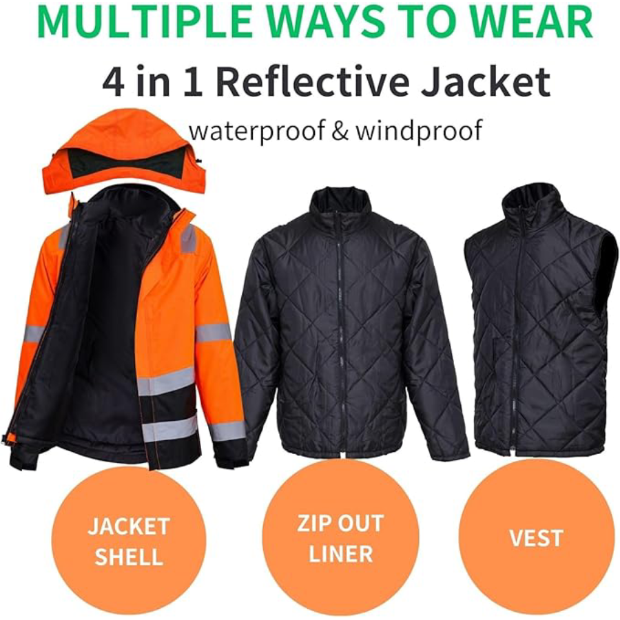 WORK IDEA High Visibility Reflective Jackets for Men Hi Vis Weatherproof 4- in-1