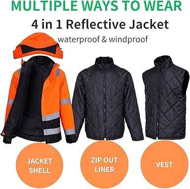 WORK IDEA Versatile 3-in-1 Work Jacket with Reflectors - Waterproof, Windproof, Breathable - Ideal Winter Work Wear and Hi-Vis Jacket for All Seasons