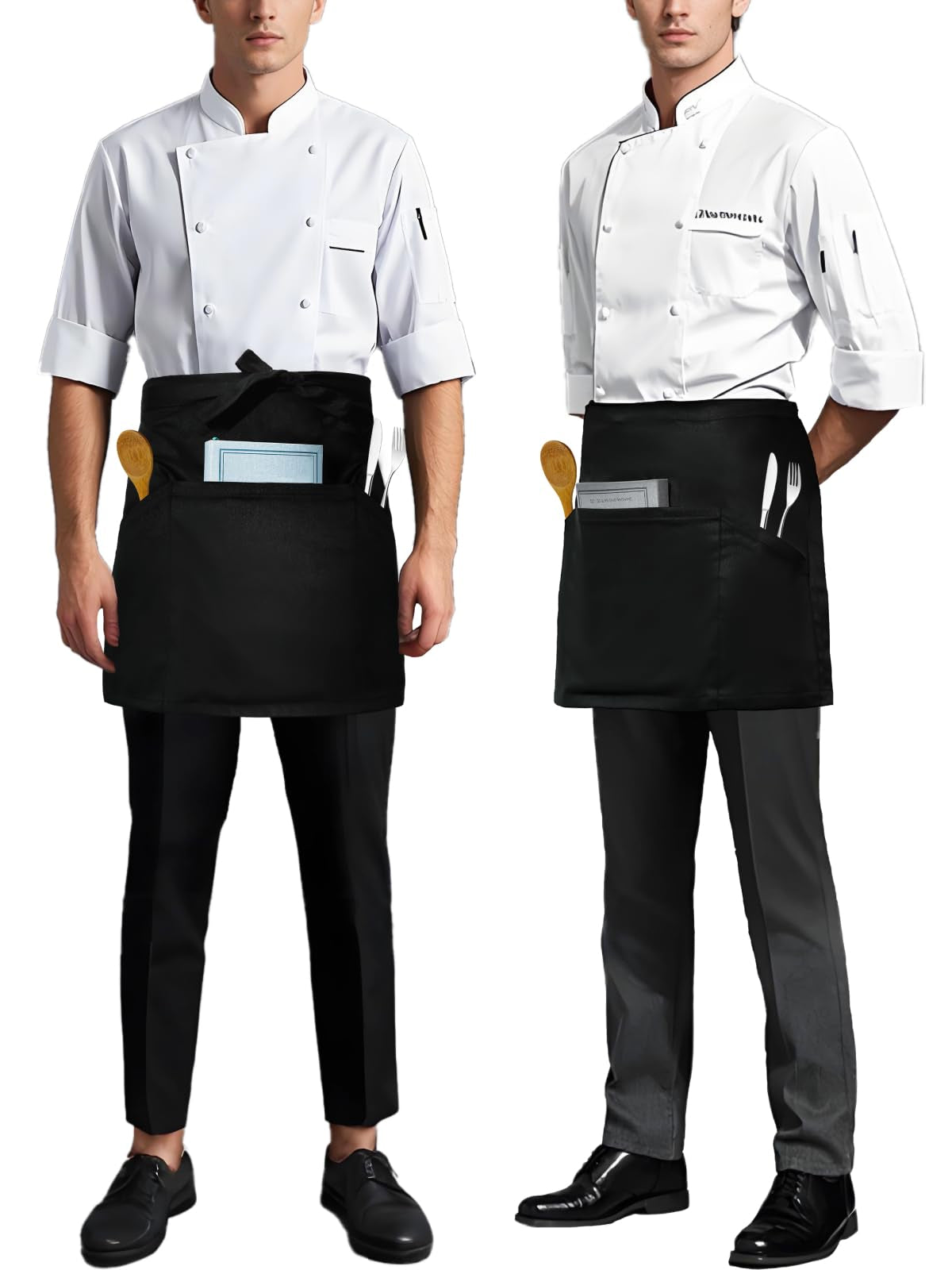 WORK IDEA Set of 3 apron with 3 pockets, front tie apron, waiter's apron, bistro apron, cooking apron, baking apron for restaurant, bar