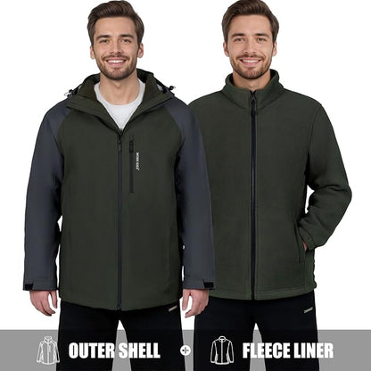 WORK IDEA Men's 3-in-1 Waterproof Breathable Windproof Jacket with Hood and Fleece Inner Jacket - Functional Jacket for Hiking, Cycling, Camping and Outdoor Activities