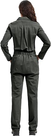 WORK IDEA Women's Long Sleeve Coveralls - 100% Cotton Work Jumpsuits Action Back And Utility Pockets with Hook