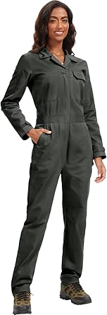 WORK IDEA Women's Long Sleeve Coveralls - 100% Cotton Work Jumpsuits Action Back And Utility Pockets with Hook