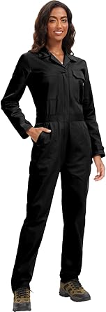 WORK IDEA Women's Long Sleeve Coveralls - 100% Cotton Work Jumpsuits Action Back And Utility Pockets with Hook