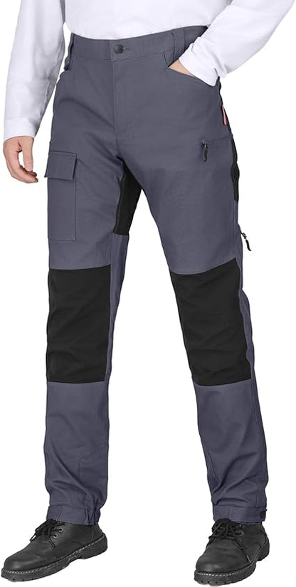 WORK IDEA Men's Hybrid Outdoor Pants - Canvas & Stretch Nylon Hiking Trousers with Side Vents, Reinforced Knees for Camping