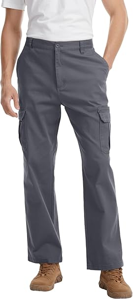 WORK IDEA Men's Stretch Cargo Pants, Relaxed Fit Flex Cotton Utility Trousers with 6 Pockets for Work, Outdoor & Travel
