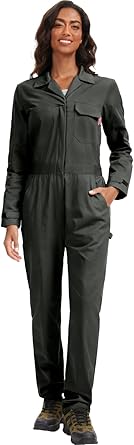 WORK IDEA Women's Long Sleeve Coveralls - 100% Cotton Work Jumpsuits Action Back And Utility Pockets with Hook