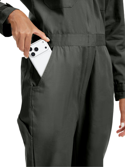 Tuta da lavoro a maniche lunghe da donna WORK IDEA - Tute da lavoro 100% cotone con schiena elasticizzata e tasche portaoggetti con gancio