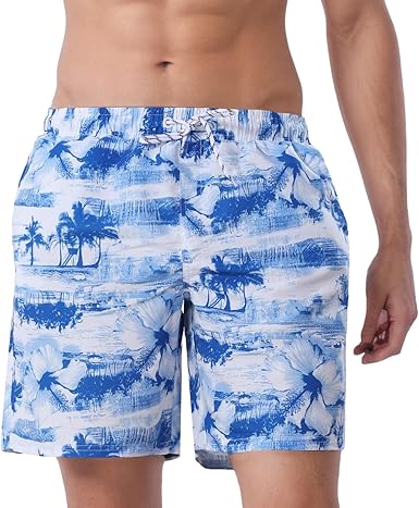 WORK IDEA Men's Quick-Drying Swimming Trunks with Print 100% Polyester - Summer Beach Board Shorts