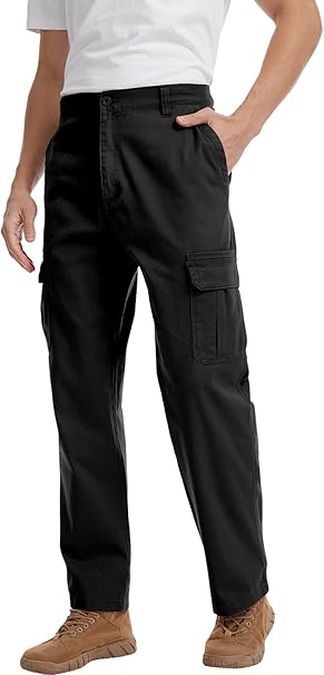 WORK IDEA Men's Stretch Cargo Pants, Relaxed Fit Flex Cotton Utility Trousers with 6 Pockets for Work, Outdoor & Travel