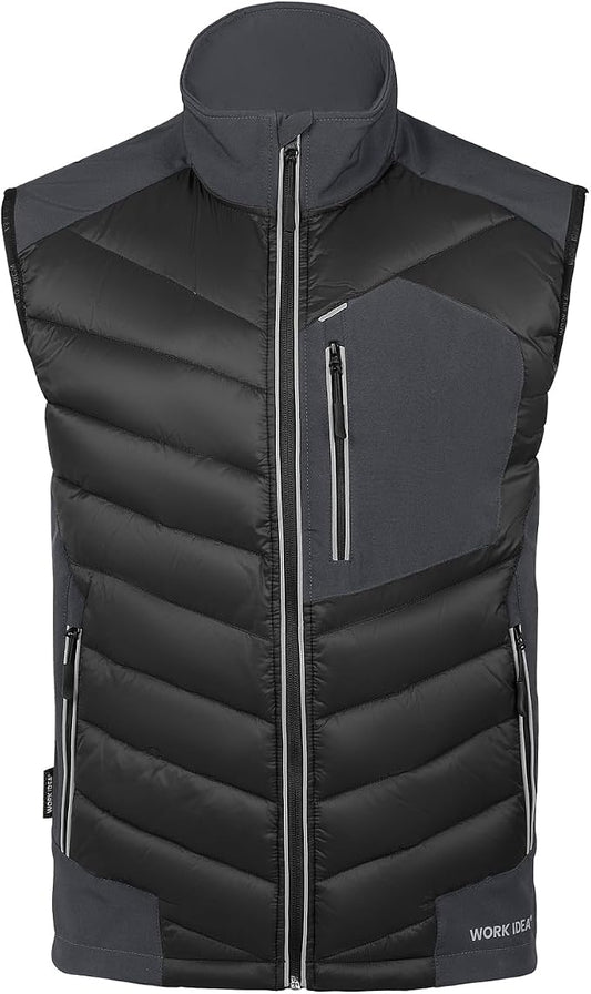 WORK IDEA Men's Outdoor Softshell Vest Water-Repellent Windproof Sleeveless Jacket - Breathable Lightweight Sports Vest with Pockets for Cycling, Running, Hiking, Golf and Work Contexts