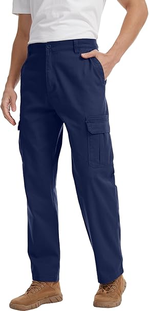 WORK IDEA Men's Stretch Cargo Pants, Relaxed Fit Flex Cotton Utility Trousers with 6 Pockets for Work, Outdoor & Travel