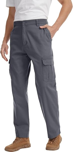 WORK IDEA Men's Stretch Cargo Pants, Relaxed Fit Flex Cotton Utility Trousers with 6 Pockets for Work, Outdoor & Travel