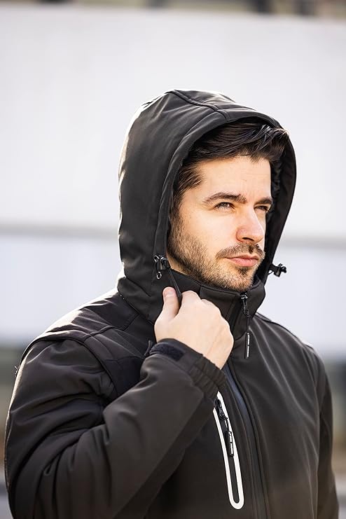 Softshell Jacket Men's Water-Repellent Breathable 2-in-1 Vest Removable Sleeves + Hood Rain Jacket Winter Work Jacket Outdoor Hiking