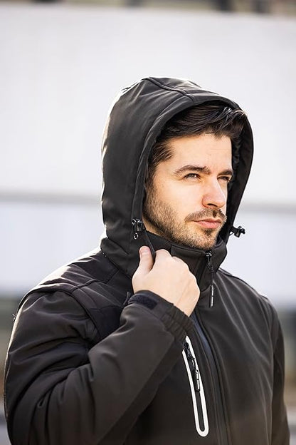 Softshell Jacket Men's Water-Repellent Breathable 2-in-1 Vest Removable Sleeves + Hood Rain Jacket Winter Work Jacket Outdoor Hiking