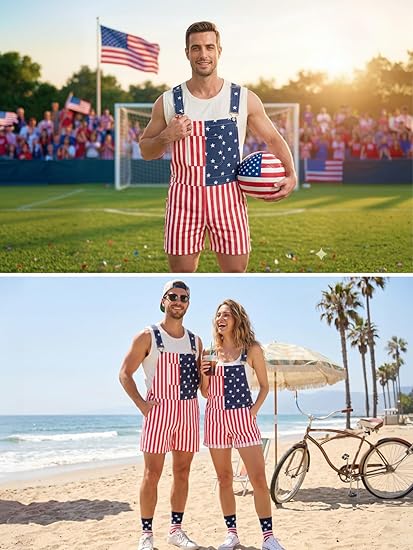 WORK IDEA Men's American Flag Overall Shorts - 250th Anniversary Patriotic USA Stretch Cotton 4th of July