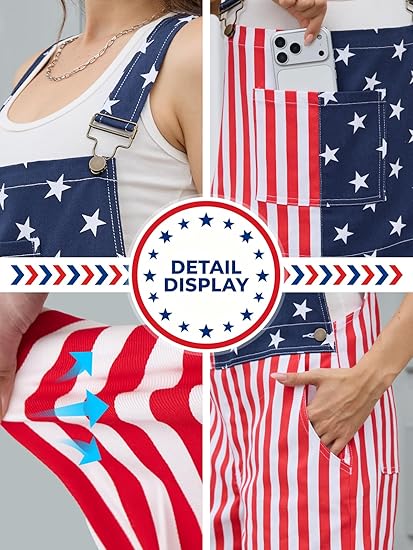 WORK IDEA Women's American Flag Overall Shorts - 250th Anniversary Patriotic USA Stretch Cotton 4th of July