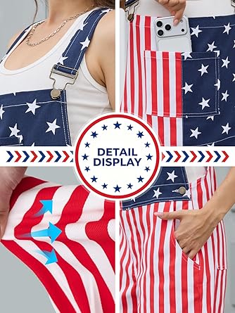 WORK IDEA Women's American Flag Overalls - 250th Anniversary Patriotic USA Stretch Cotton Bibs 4th of July