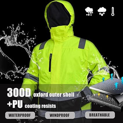 WORK IDEA High Visibility Reflective Jackets for Men Hi Vis Weatherproof 4- in-1 Convertible Rain Coat/Thermal Vest