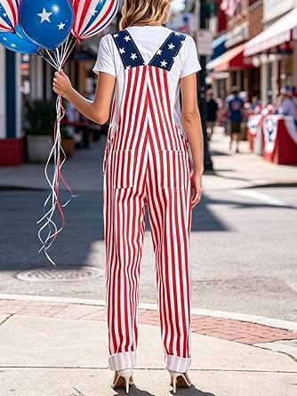 WORK IDEA Women's American Flag Overalls - 250th Anniversary Patriotic USA Stretch Cotton Bibs 4th of July