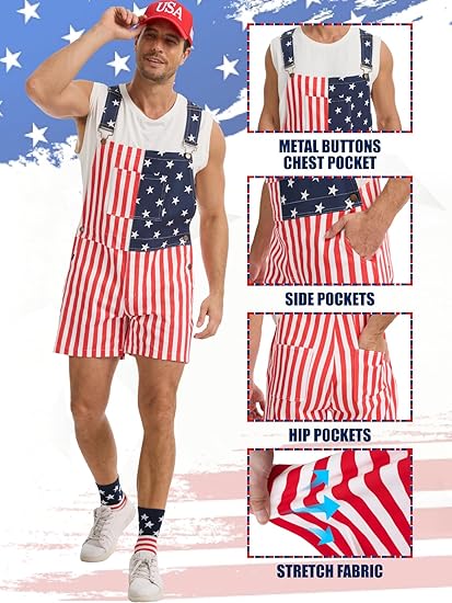 WORK IDEA Men's American Flag Overall Shorts - 250th Anniversary Patriotic USA Stretch Cotton 4th of July