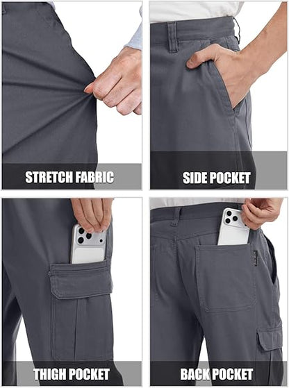 WORK IDEA Men's Stretch Cargo Pants, Relaxed Fit Flex Cotton Utility Trousers with 6 Pockets for Work, Outdoor & Travel