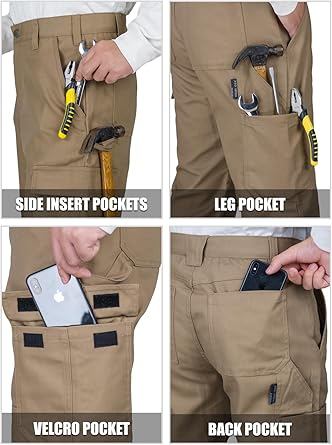 WORK IDEA Men's Heavy-Duty Canvas Work Pants with Knee Pad Pockets, Durable Carpenter Trousers for Construction Khaki