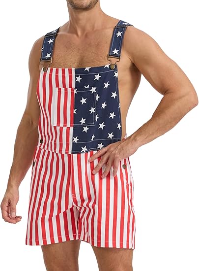 WORK IDEA Men's American Flag Overall Shorts - 250th Anniversary Patriotic USA Stretch Cotton 4th of July