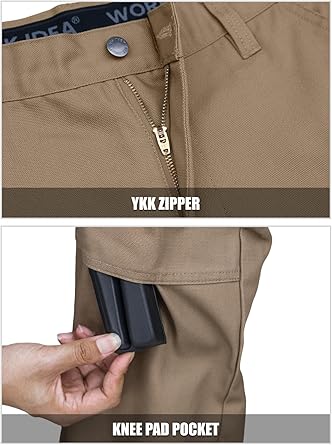 WORK IDEA Men's Heavy-Duty Canvas Work Pants with Knee Pad Pockets, Durable Carpenter Trousers for Construction Khaki