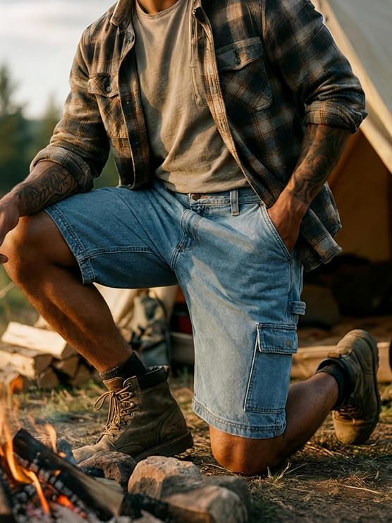 WORK IDEA Men's Cargo Denim Work Shorts, Relaxed Fit, Heavy Duty Cotton, Multiple Pockets and Durable Fabric