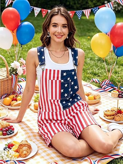 WORK IDEA Women's American Flag Overall Shorts - 250th Anniversary Patriotic USA Stretch Cotton 4th of July