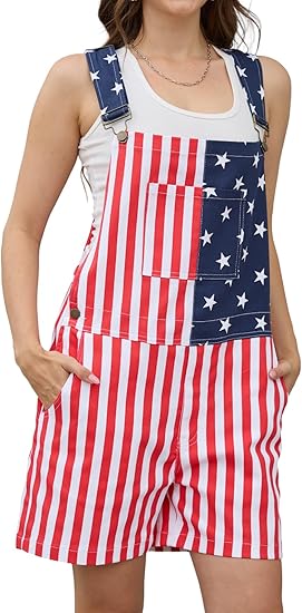 WORK IDEA Women's American Flag Overall Shorts - 250th Anniversary Patriotic USA Stretch Cotton 4th of July