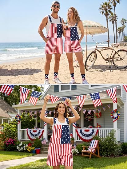 WORK IDEA Women's American Flag Overall Shorts - 250th Anniversary Patriotic USA Stretch Cotton 4th of July