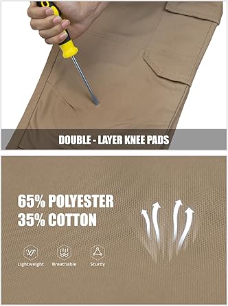 WORK IDEA Men's Heavy-Duty Canvas Work Pants with Knee Pad Pockets, Durable Carpenter Trousers for Construction Khaki