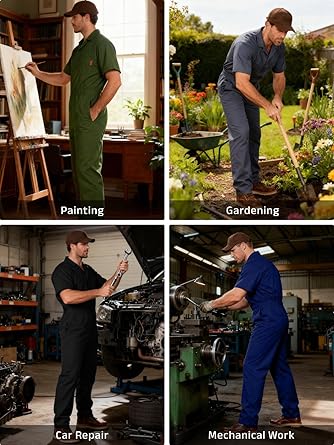 WORK IDEA Men's Short-Sleeve Work Coveralls - Lightweight Cotton-Blend Jumpsuit with Elastic Waistband, Ideal for Mechanics