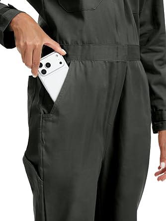 WORK IDEA Women's Long Sleeve Coveralls - 100% Cotton Work Jumpsuits Action Back And Utility Pockets with Hook