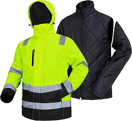 WORK IDEA High Visibility Reflective Jackets for Men Hi Vis Weatherproof 4- in-1 Convertible Rain Coat/Thermal Vest