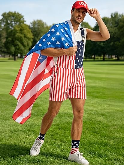 WORK IDEA Men's American Flag Overall Shorts - 250th Anniversary Patriotic USA Stretch Cotton 4th of July